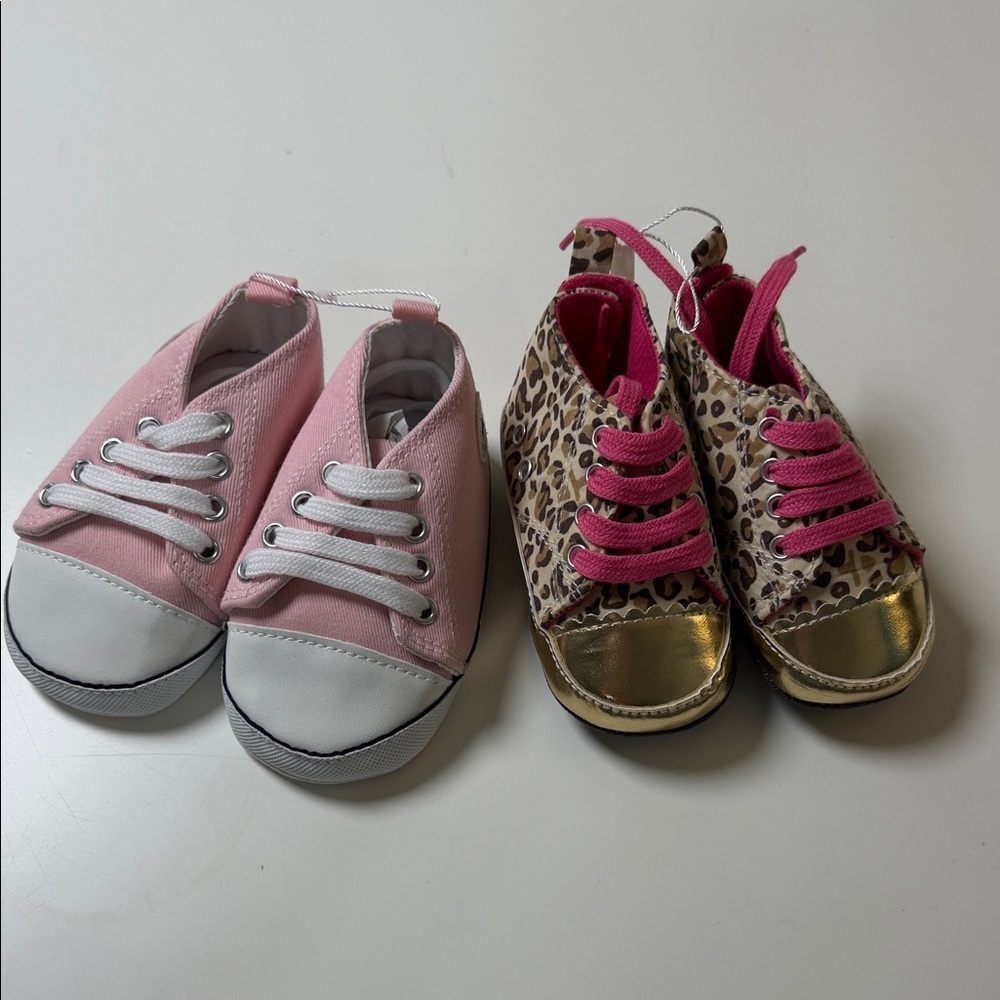 Converse Kids Pink Canvas Sneakers‎ & Leopard Converse with Gold Toes